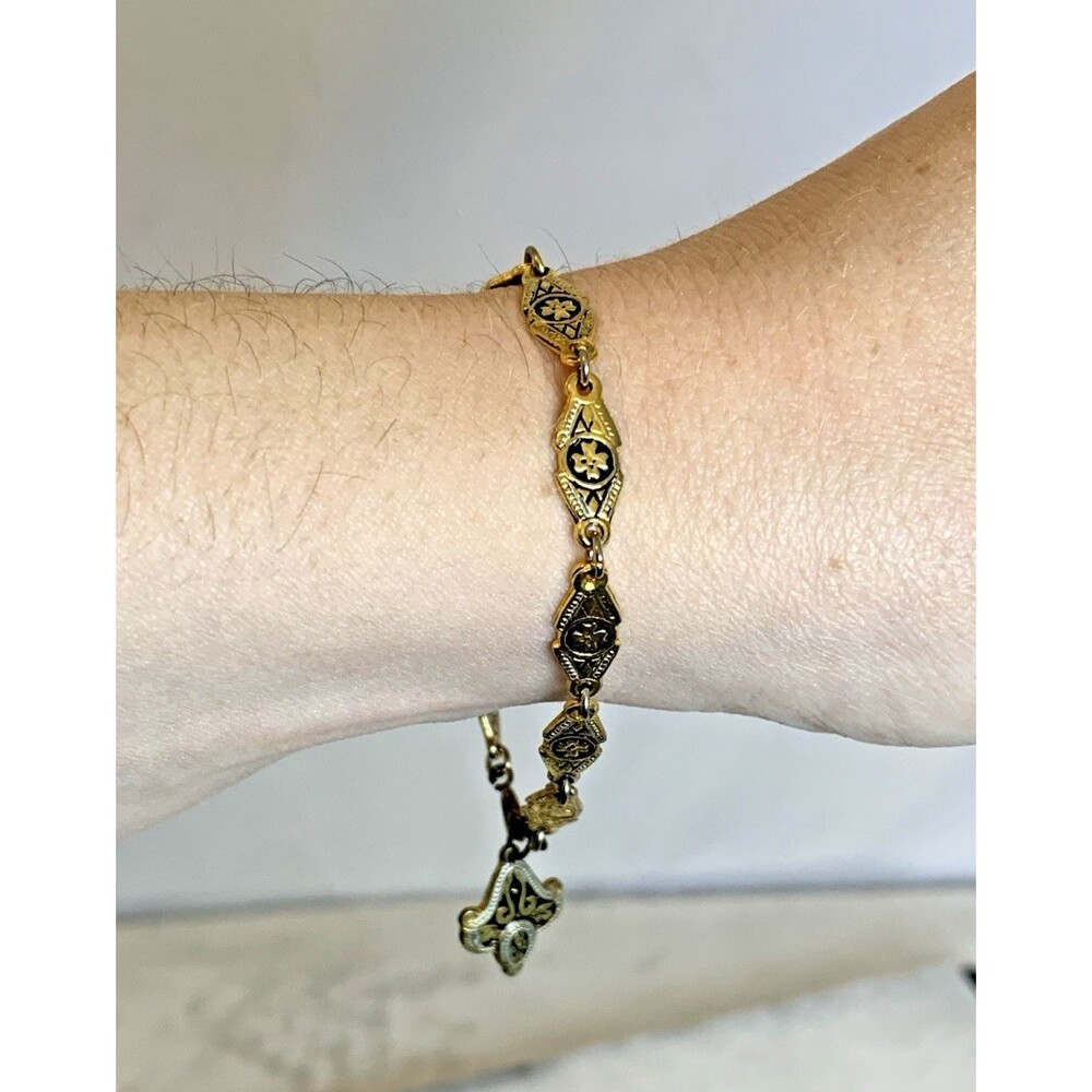 Vintage Damascene Bracelet Made In Spain Black Enamel Gold Tone Charm 7" - Picture 3 of 9